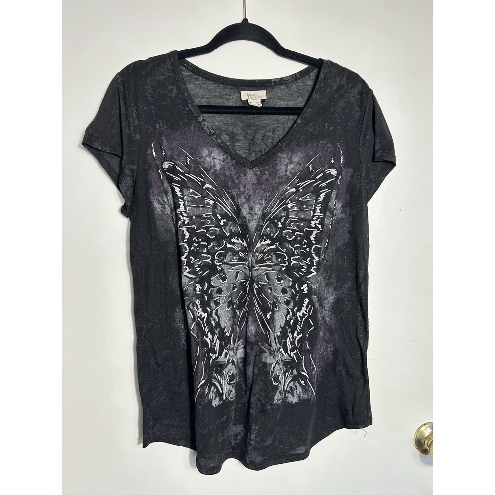 Madison & Berkeley Y2K‎ Gothic Butterfly Tee XL Black Grunge Burnout V-Neck Top